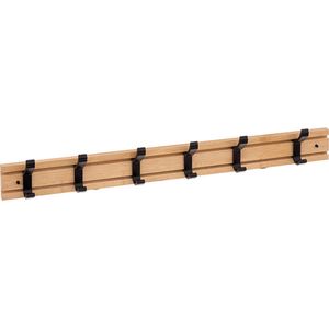 5Five Kapstok rek - wand/muur - lichtbruin/zwart - 6x schuifbare haken - Bamboe/ijzer - 60 x 8 cm