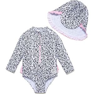 Badpak voor Baby Meisje Eén Stuk UPF 50+ UV Rashguard met Rits patroon in zwart-witte stippen Maat 74 - 80 cm (9-12 M)