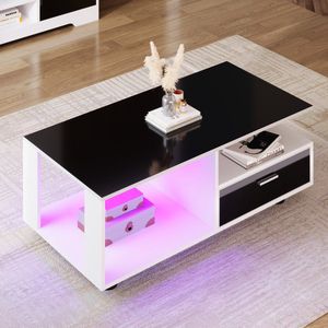 Moderne LED salontafel met zwart hoogglans blad - Rechthoekige salontafel met twee lades - zwart en wit 110x38,5x55cm