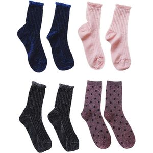 Glitter sokken set - 4 pack - 4 paar sokken - Zilver - Roze - Stipjes - Blauw - One size