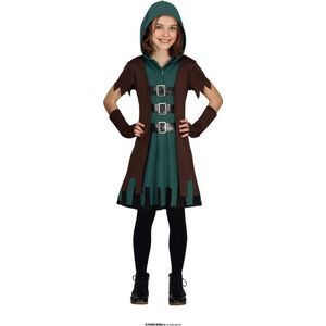Guirca - Robin Hood Kostuum - Robina De Geduchte Boogschutter - Meisje - Groen, Bruin - 10 - 12 jaar - Carnavalskleding - Verkleedkleding