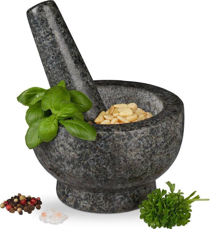 Relaxdays vijzel en stamper graniet - voor specerijen en kruiden - gepolijst - Ø 13 cm - 250 ml - grijs