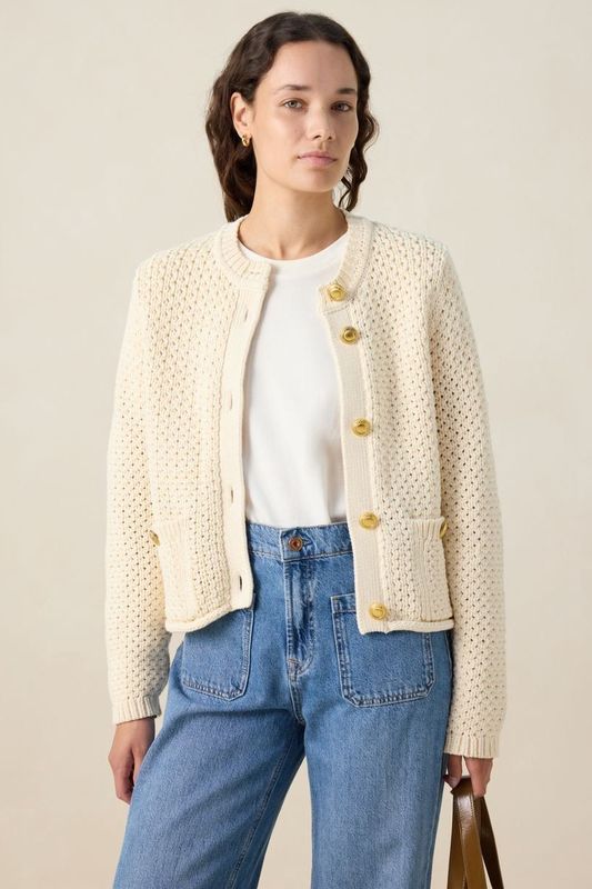 Sissy-Boy - Gebreid Vest - Wit - Lange Mouwen - Hoge Ronde Halslijn