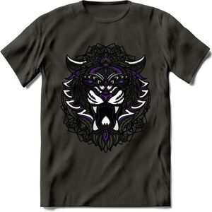 Tijger - Dieren Mandala T-Shirt | Paars | Grappig Verjaardag Zentangle Dierenkop Cadeau Shirt | Dames - Heren - Unisex | Wildlife Tshirt Kleding Kado | - Donker Grijs - XXL