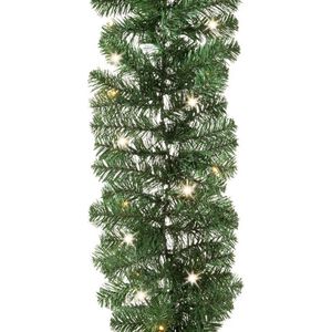 Set van 2x stuks dennenslingers / dennen guirlandes groen met verlichting en timer 270 cm - Kerstslingers / dennen slingers