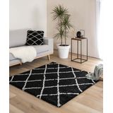 Vierkant hoogpolig vloerkleed ruiten Artisan - zwart/wit 240x240 cm