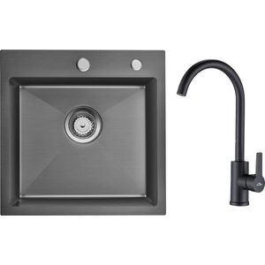 Auralum max Spoelbak Antraciet 45x45 - Met keukenkraan - Spoelbakken Keuken - Wasbak Keuken - Met Kraangat - RVS Spoelba Staal Incl. Sifon en Afvoerzeefje