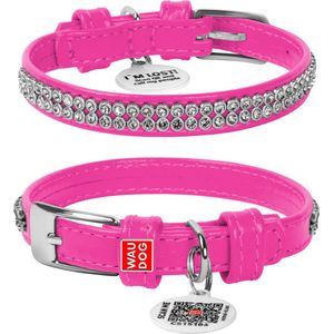 WAUDOG Glamour Halsband / Hondenhalsband - Echt Leder - Roze met Strass steentjes - XXS - Breedte: 9 mm - Nekomtrek: 18 - 21 cm (GELIEVE ALVORENS BESTELLEN OPMETEN)