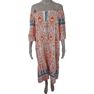 Jurk - Zomerjurk - Dames - Los vallend - Ibiza Style - Off Shoulder - Italiaanse Mode - Kleur Oranje/Wit/Blauw - Goudkleurig Koord - Maat 36 t/m 48 - Koningsdag