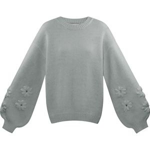 Dames trui- Lovely floral touch trui - kleur grijs- Maat S/M