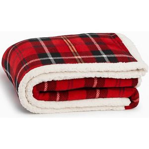 Lomera Kerstdeken - 200X150 CM - Rood Geruit - Flanel Sherpa Fleece - Zachte Warmteplaid - Schotse Ruit - Sfeervolle Woondecoratie - Polyester - Flanel met Print - Sherpa Achterzijde - 1200 Gram - Plaid - Winterdeken - Rood en Zwart