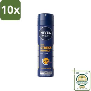 10 x Nivea - Men - Deodorant - Spray - Stress Protect - 150 ml - Grootverpakking - Stress Protect - Anti-transpirant - Zweetbescherming - Stresszweet - 72 Uur Bescherming