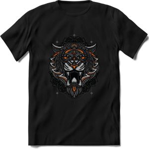 Tijger - Dieren Mandala T-Shirt | Oranje | Grappig Verjaardag Zentangle Dierenkop Cadeau Shirt | Dames - Heren - Unisex | Wildlife Tshirt Kleding Kado | - Zwart - 3XL