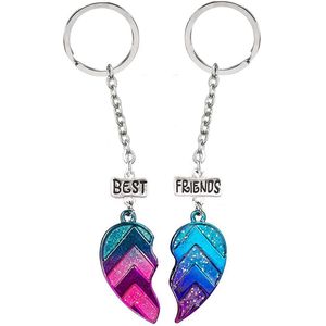 Bixorp Friends Vriendschap Sleutelhanger voor 2 Blauw & Roze Hartje - Roestvrij staal / Stainless Steel - Zilverkleurig