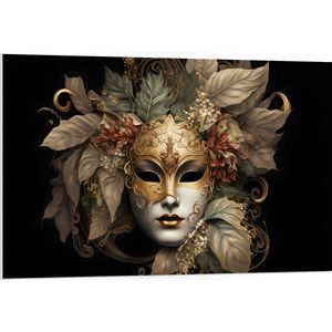 PVC Schuimplaat- Venetiaanse carnavals Masker met Gouden en Beige Details tegen Zwarte Achtergrond - 105x70 cm Foto op PVC Schuimplaat