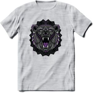 Beer - Dieren Mandala T-Shirt | Paars | Grappig Verjaardag Zentangle Dierenkop Cadeau Shirt | Dames - Heren - Unisex | Wildlife Tshirt Kleding Kado | - Licht Grijs - Gemaleerd - M