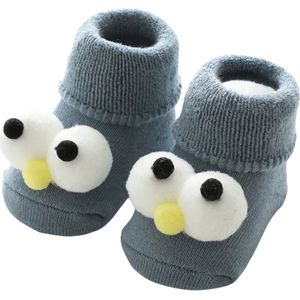 Babysokjes Blauw Met Grote Oogjes - 0-6 maanden - lichtblauw - zacht gevoerd - warm - anti-slip - katoen - kleine kinderen - 3D ogen - sokjes - kraamcadeau - cadeau pasgeboren baby