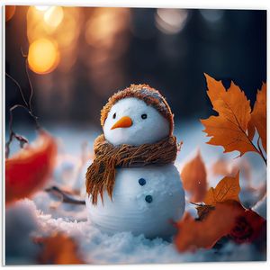 PVC Schuimplaat- Sneeuwpop met Bruine Sjaal en Muts in de Sneeuw tussen de Herfstbladeren - 50x50 cm Foto op PVC Schuimplaat