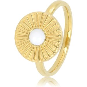 My Bendel - Ring goudkleurig zonnetje met White Aventurine - Vrolijke goudkleurige edelstalen ring met een zonnetje en White Aventurine edelsteen - Met luxe cadeauverpakking