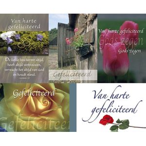 Set christelijke ansichtkaarten 'Gefeliciteerd' - 10 x 15 cm - 5 soorten met van elke soort 5 stuks