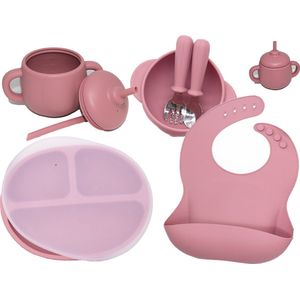 8 Delig set Donker Roze Kinder Baby Servies met Siliconen Zuignap - Anti-slip, BPA-vrij, Onbreekbaar, Magnetronbestendig, Vriezerbestendig, Vaatwasserbestendig