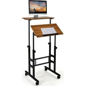 In hoogte verstelbaar zit-staand bureau op wieltjes, mobiel staand bureau met 2-traps computerwerkplaats, laptoptafel, staand bureau, werkstation voor thuis en op kantoor (bruin)
