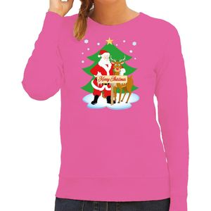 Bellatio Decorations Foute kersttrui/sweater dames - kerstman en rudolf - roze - Merry Christmas XL