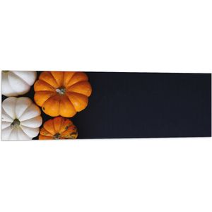 Vlag - Wit met Oranje Pompoenen op Zwarte Achtergrond - 120x40 cm Foto op Polyester Vlag