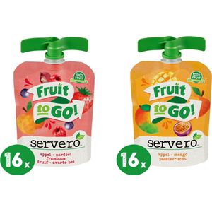 Servero Fruit to Go Maandbox – Knijpfruit – 32 stuks x 90 gram - Aardbei-Framboos, Mango-Passievrucht