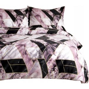 SATYNLOVE Katoenen Satijnen Dekbedovertrek Set 180x200 - Marmer Zwart Roze