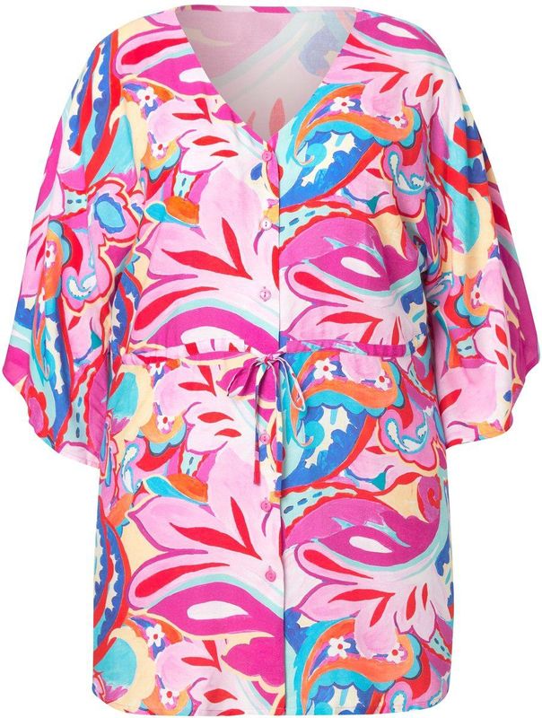 MIAMODA - Dames - Kimonoblouse A-lijn all-over print trekkoord in de taille - Hibiscusrood - Maat 46+