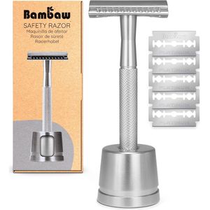 Metalen Veiligheidsscheermes met 5 Mesjes en Houder - Duurzaam en Milieuvriendelijk Scheerapparaat voor Mannen en Vrouwen