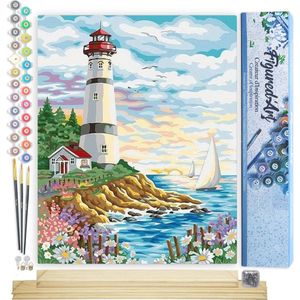 Figured'Art Schilderen op Nummer Volwassenen canvas Vuurtoren op een mooie dag - Handwerk acrylverf Kit DIY Compleet - 40x50cm met DIY houten lijst