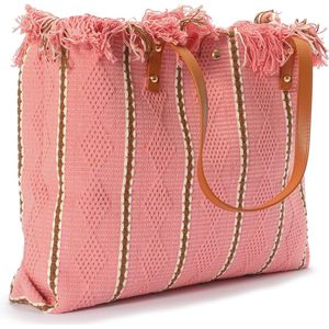 Strandtas met Franjes - Katoen - 50x38x11 cm - Roze