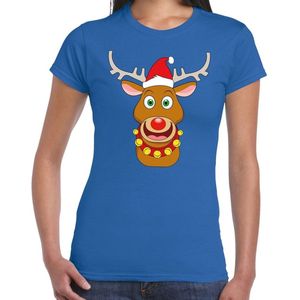 Foute Kerst t-shirt met de kerstman en rendier Rudolf blauw voor dames M