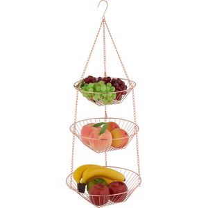 Relaxdays hangende fruitmand - 3 lagen - metalen fruitschaal - etagère koper - draadmand