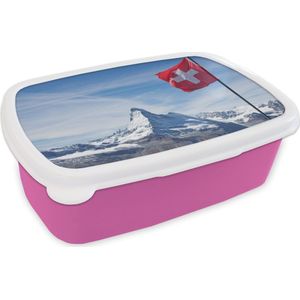 Broodtrommel Roze - Lunchbox - Brooddoos - Zwitserse Vlag bij Matterhorn in Zwitserland - 18x12x6 cm - Kinderen - Meisje