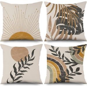 Boho kussenhoes 40 x 40 cm set van 4 moderne abstracte kunst bladeren zon beige bankkussenhoes decoratieve kussenhoezen wasbaar polyester vlas textiel buitenkussensloop