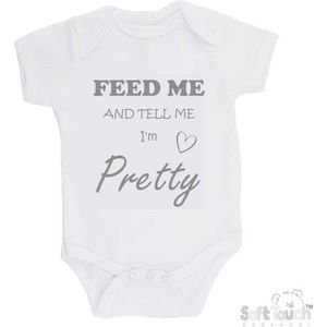 100% katoenen Romper ""Feed me and tell me I'm pretty"" Unisex Katoen Wit/grijs Maat 62/68