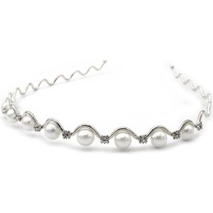 Zilverkleurige diadeem met pareltjes en strass steentjes