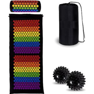 Acupressuur mat XL met spijkerkussen - Spijkermat XL met kussen Incl. 2x Triggerpoint ballen & draagtas - 130x47x2cm - Shakti mat - chakra kleuren