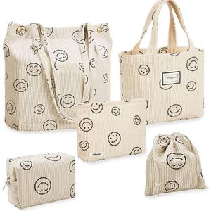 5 stuks corduroy bag set tas reizen toilettas smile face cosmeticatas multifunctionele handtas make-up tas voor dames, beige, Retro