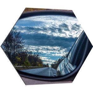 Dibond Hexagon - Uitzicht op Bomen langs de Weg vanuit Autospiegel - 70x60.9 cm Foto op Hexagon (Met Ophangsysteem)