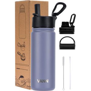 VANN® 3-Wandige Waterfles 500 ML met rietje voor volwassenen – Met 5 accessoires + 25 recepten – RVS bidon – 24 uur koud/12 uur warm – Grijspaars – Ultimate Bottle™