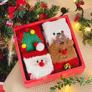 Verpakking van 4 paar - Warme sokken voor dames voor herfst/winter - Met koraalfleece voering en verdikt - Kerstcadeauverpakking - Vloersokken voor thuis