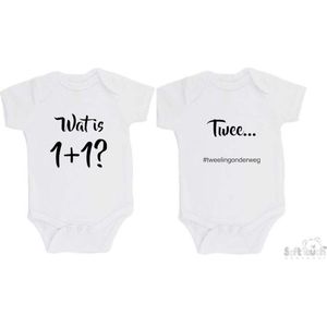100% katoenen Rompers 2-pack ""Wat is 1+1? & Twee... #tweelingonderweg"" Tweeling Unisex Katoen Wit/zwart Maat 56/62
