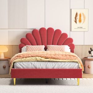 Gestoffeerd kinderbed, 140 x 200 cm, een-/dubbelbed voor meisjes, bedframe met bloemvormig hoofdeinde en lattenbodem, bed voor tienermeisjes, zonder matras, fluweel, Bordeaux