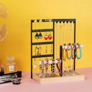 Sieradennrek - Metalen Structuur - Houten Basis - 48 Oorgaatjes - 6 Haakjes voor Ketting - 2 Armbandstandaards - Ringenvak