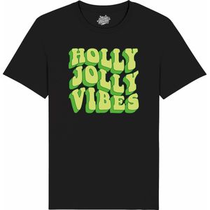 Holly Jolly Vibes - Foute kersttrui kerstcadeau - Dames / Heren / Unisex Hippy Kerst Kleding - Grappige Feestdagen Outfit - Kinder T-Shirt - Zwart - Maat 12 jaar