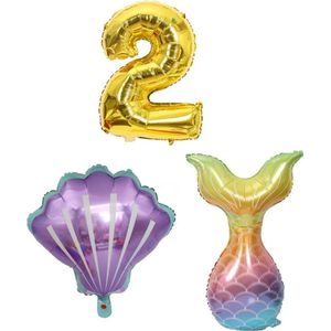 Zeemeermin Feestversiering - Zeemeermin Versiering - 2 jaar - Ballonnen - Cijferballonnen - Zeemeerminstraat - Schelp - Folieballon - Kleine Zeemeermin - Little Mermaid -  Ballonnen - Verjaardag Decoratie - Verjaardag Versiering - Ballonnen Goud